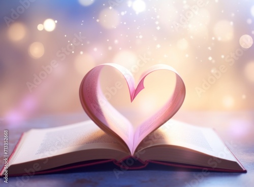 an open book shaped like a heart against the light of the background