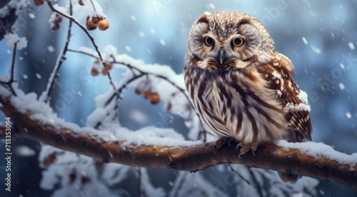 a brown owl sitting on a tree branch in a snowy atmosphere