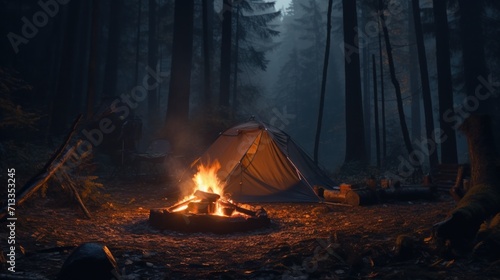 a tent in the forest with fire and firewood