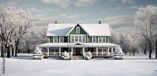 a winter scene featuring a white home