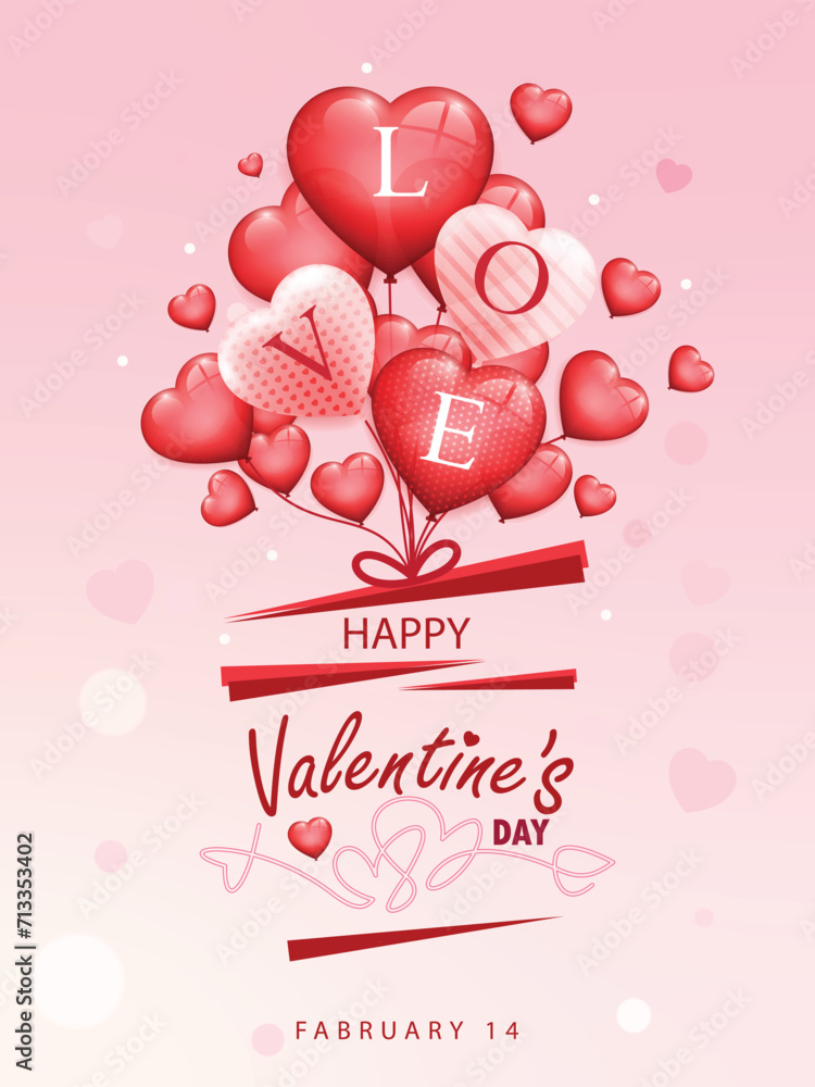 Valentine's Day LOVE poster with hearts and symbols of hearts and gifts on red background.