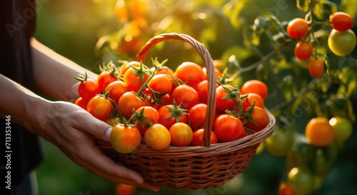 a person is a hand holding up a basket of tomatoes