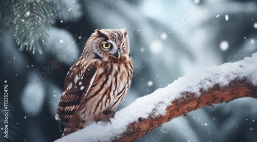 a brown owl sitting on a tree branch in a snowy atmosphere