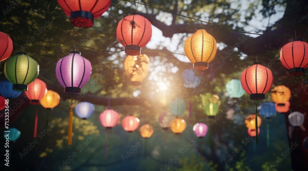 colorful paper lanterns hanged in trees colorful paper lanterns hanged in trees