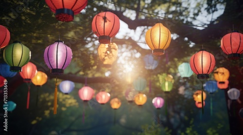 colorful paper lanterns hanged in trees