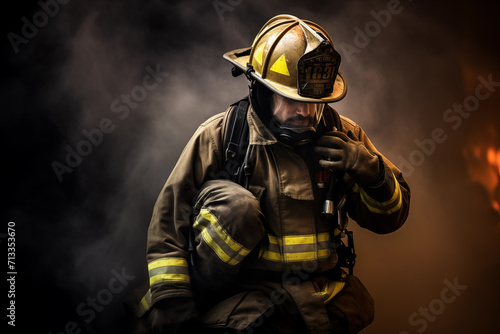 Portrait of firefighter in uniform and helmet in smoke. Generative AI