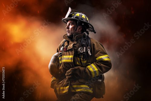 Portrait of firefighter in uniform and helmet in smoke and fire. Generative AI