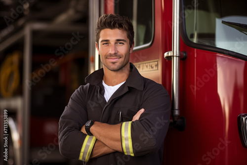 Young male firefighter at firetrack in fire station. Generative AI