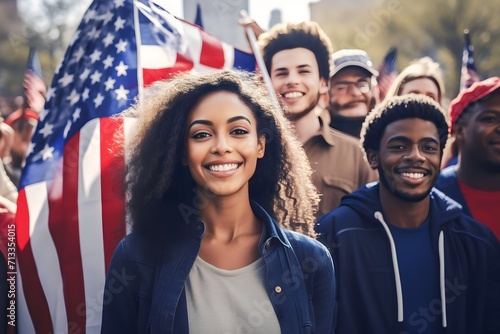 Young diverse people with American flag talking political rally photo