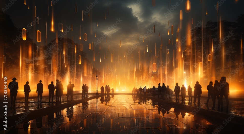 In a bustling city at night, a group of individuals gathers in a courtyard surrounded by buildings, mesmerized by the ethereal sight of fire and water cascading from the sky