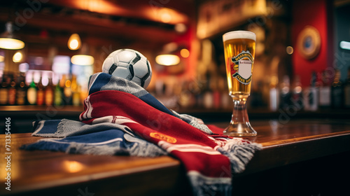 Football bar with soccer accessories, ball and beer glass on the counter. Generative AI © Nomad_Soul