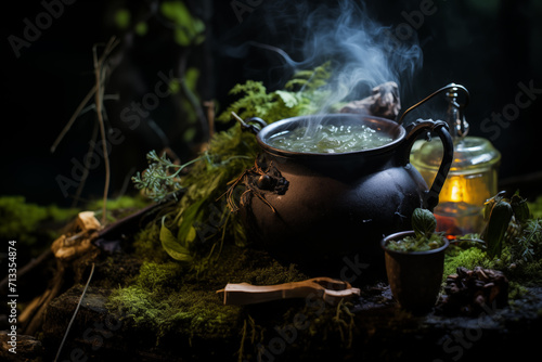 Witchcraft cauldron with brewing magic green poison. Generative AI