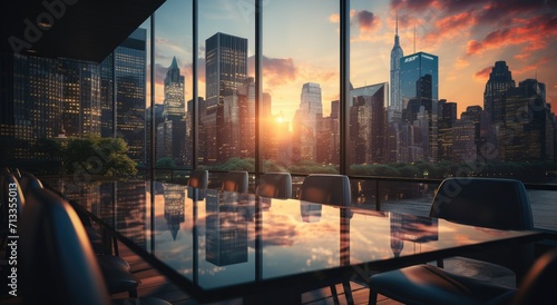 A dynamic skyline frames a stylish outdoor gathering, with chairs and a table reflecting the skyscrapers and cityscape while the sky transitions from sunrise to sunset in the background photo