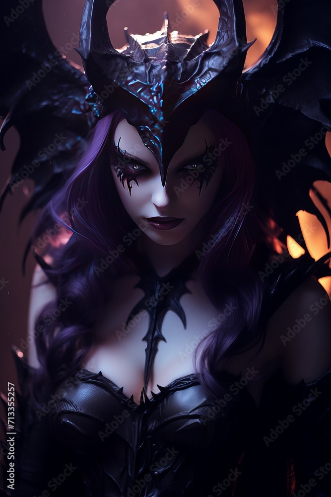 full body of demon queen with purple burning eyes, horns, dark wings and in black dress with hood full body of demon queen with purple burning eyes, horns, dark wings and in black dress with hood