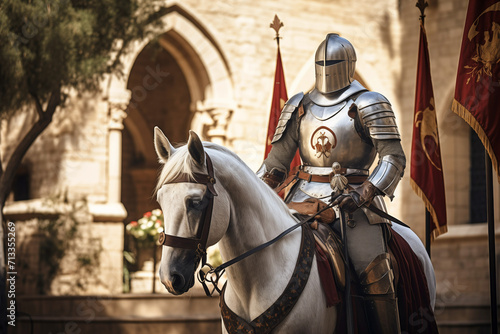 Medieval knight riding horse on city street. Generative AI