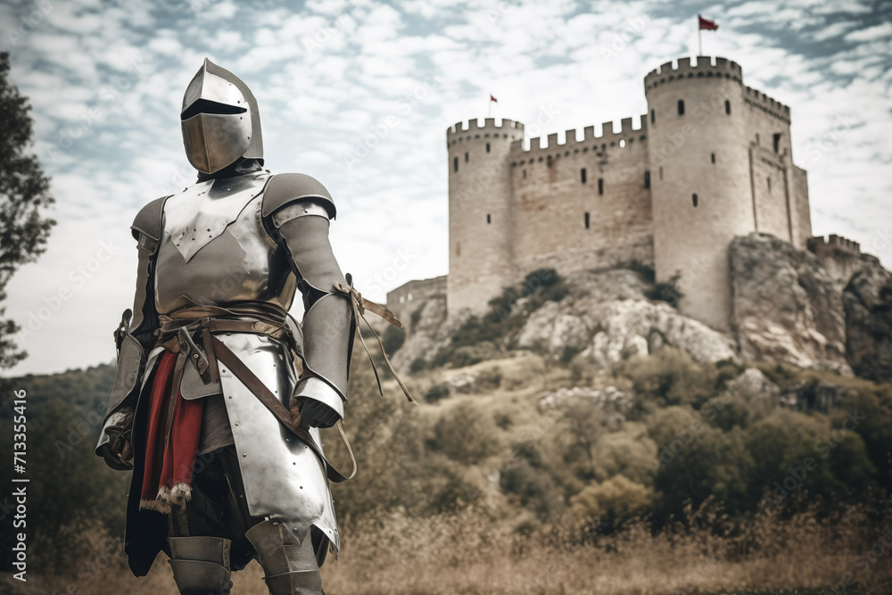 Armored knight standing over medieval castle on background. Generative AI