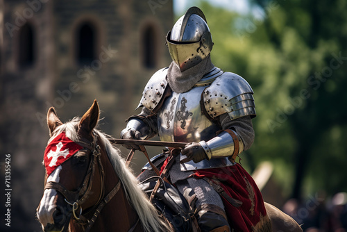 Medieval fantasy knight in armor and helmet riding horse. Generative AI