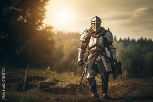 Brave medieval knight walking through forest valley landscape. Generative AI