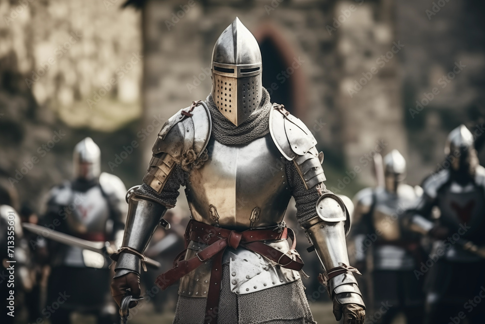 Armored knight standing in courtyard of medieval castle. Generative AI Armored knight standing in courtyard of medieval castle. Generative AI