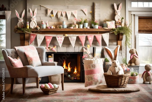 A cozy fireplace adorned with Easter bunny bunting, creating a warm and inviting focal point for festive gatherings.