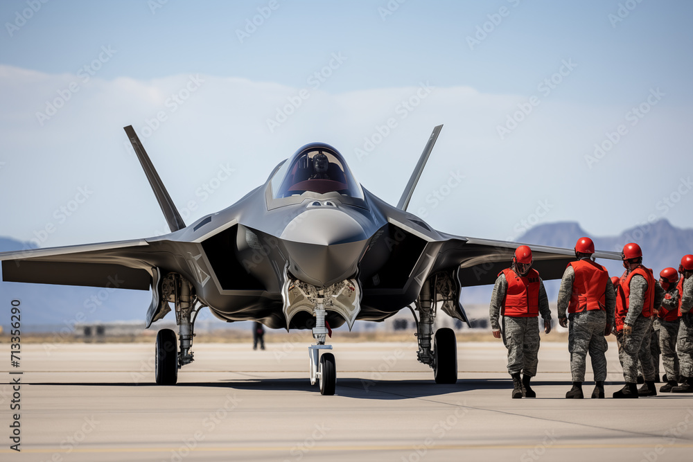 Fototapeta premium Pilot team and supersonic jet airplane on runway. Generative AI