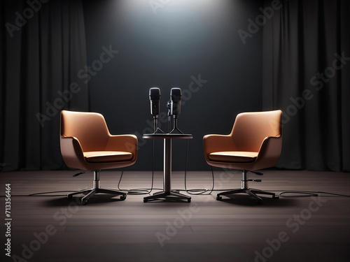 Two chairs and microphones in podcast or interview room isolated on dark background designs as a wide banner for media conversations or podcast streamers concepts with copy space design.