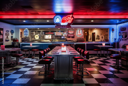 Vintage road cafe design interior with bar counter and neon lights. Generative AI photo