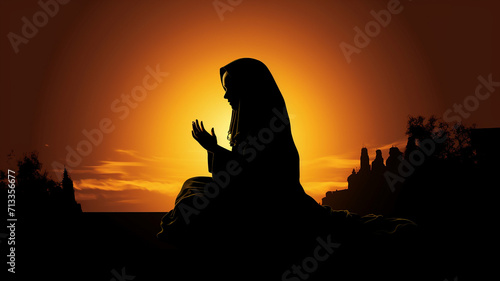 Silhoueitte of young muslim woman pray with beautiful sunset sunrise in background