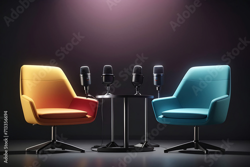 Two chairs and microphones in podcast or interview room isolated on dark background designs as a wide banner for media conversations or podcast streamers concepts with copy space design. photo