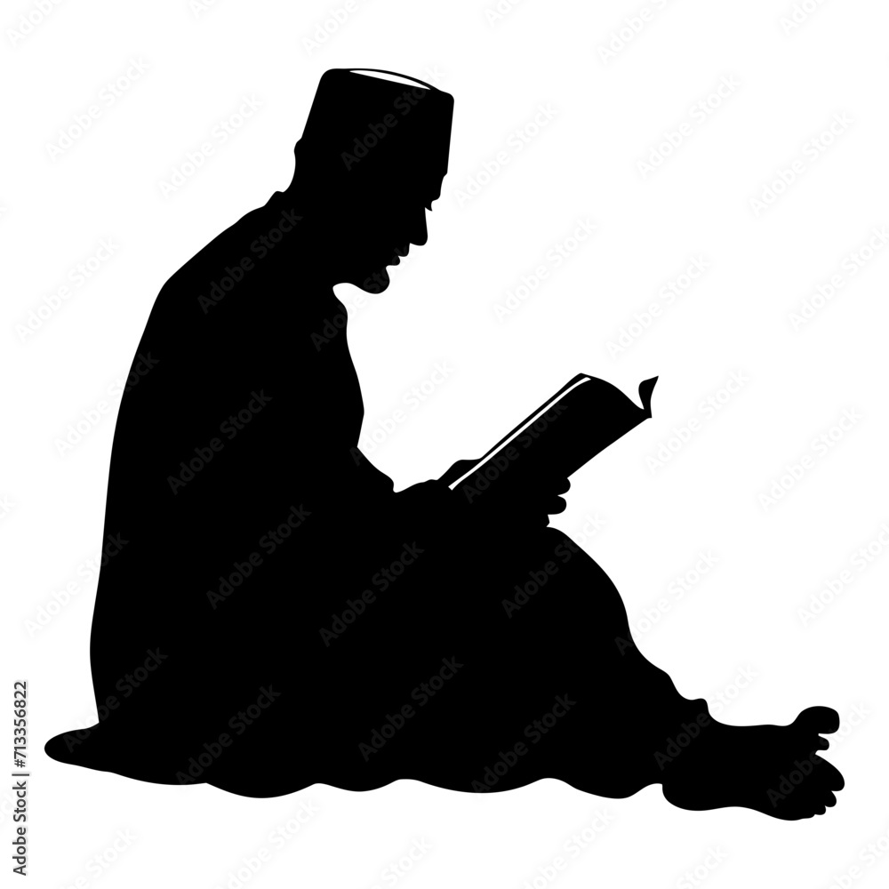 Silhouette of a Muslim man reading the Koran in black color only