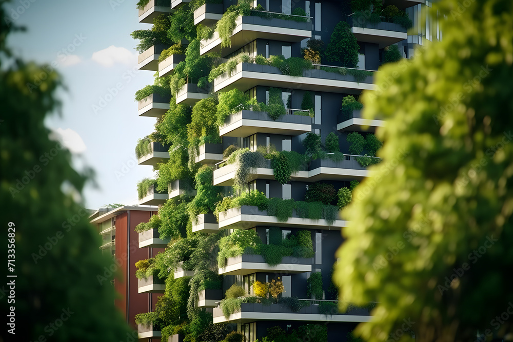 Sustainable green building in modern city. Green architecture. Eco-friendly building. Sustainable building with vertical garden reduce CO2. Futuristic building. Net zero emissions.