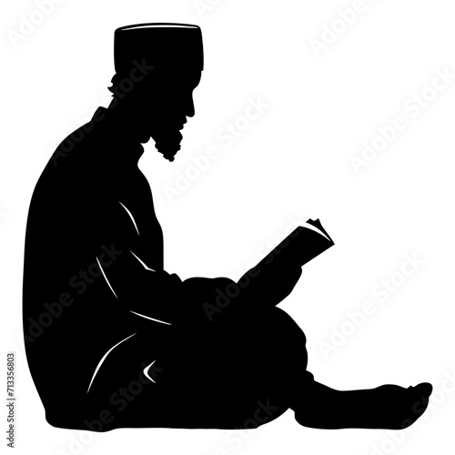 Silhouette of a Muslim man reading the Koran in black color only