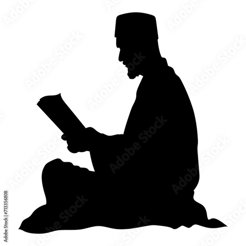 Silhouette of a Muslim man reading the Koran in black color only