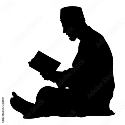 Silhouette of a Muslim man reading the Koran in black color only