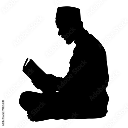 Silhouette of a Muslim man reading the Koran in black color only