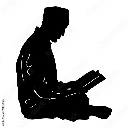 Silhouette of a Muslim man reading the Koran in black only