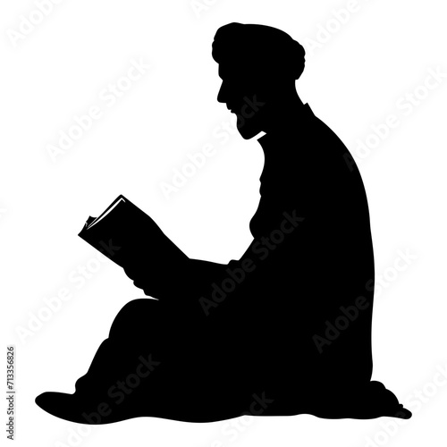Silhouette of a Muslim man reading the Koran in black color only