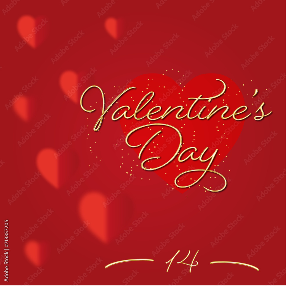 Valentine's Day gold lettering script font on red background with blurry hearts
