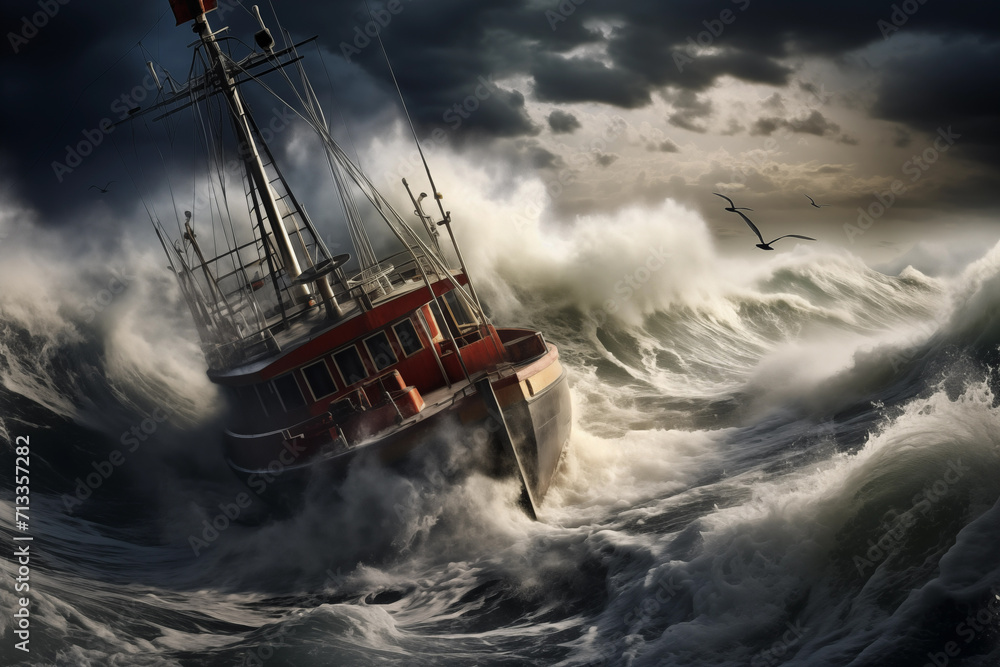 Obraz premium Fishing trawler ship catching strong sea storm floating in waves. Generative AI