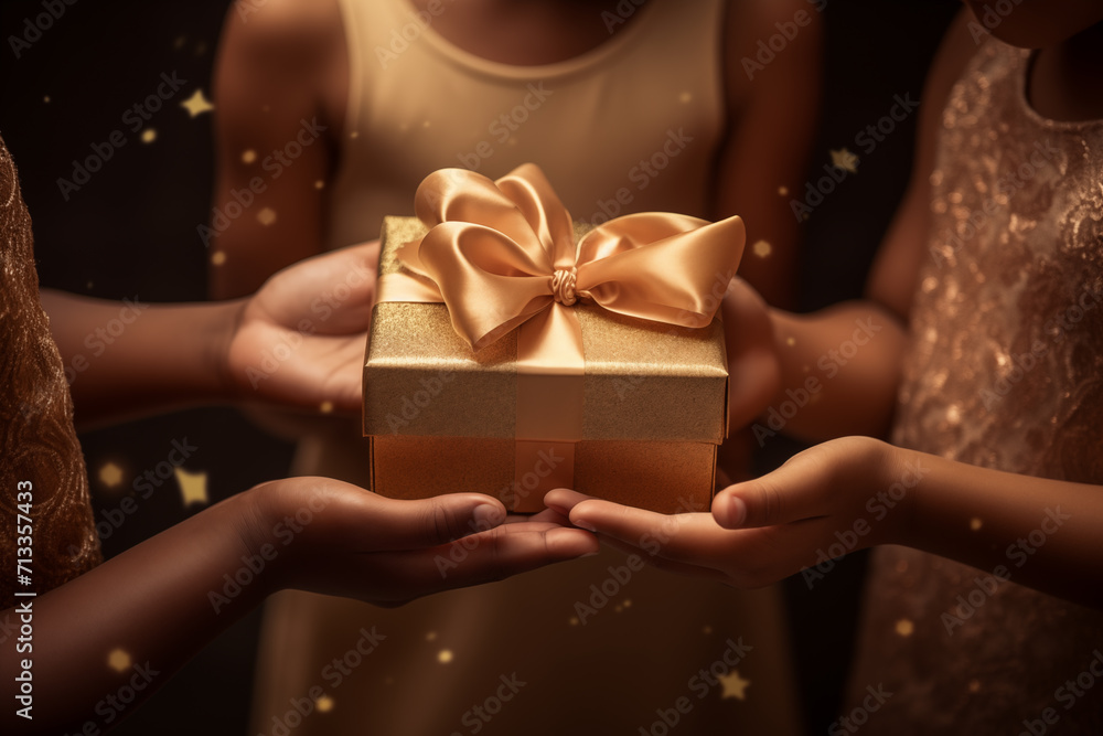 Little children holding festive wrapped gift box cropped image. Generative AI