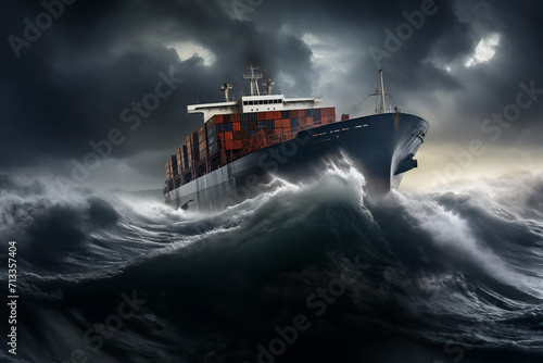 Cargo ship fighting with huge storm dangerous cyclone. Generative AI