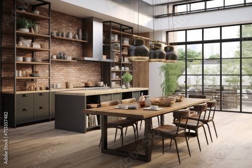 Contemporary kitchen with open shelving, industrial accents, and a communal dining area