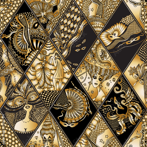 Vector Carnival Party seamless pattern. Harlequin black and gold rhombus, Mardi Gras and Masquerade holiday