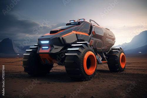 Futuristic all-terrain vehicle in the desert over rocky dessert background. Generative AI