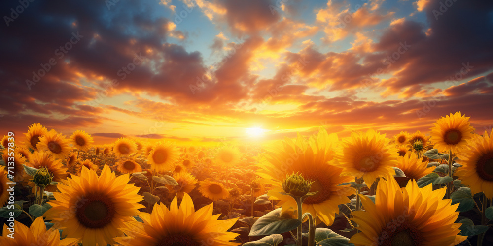 the view of the sunflower garden with the beauty of the sunrise in the morning, Sunflower field at sunset nature background landscape with sunflower, Sunflower Sunrise Sunset Background, 
Sunflowers

