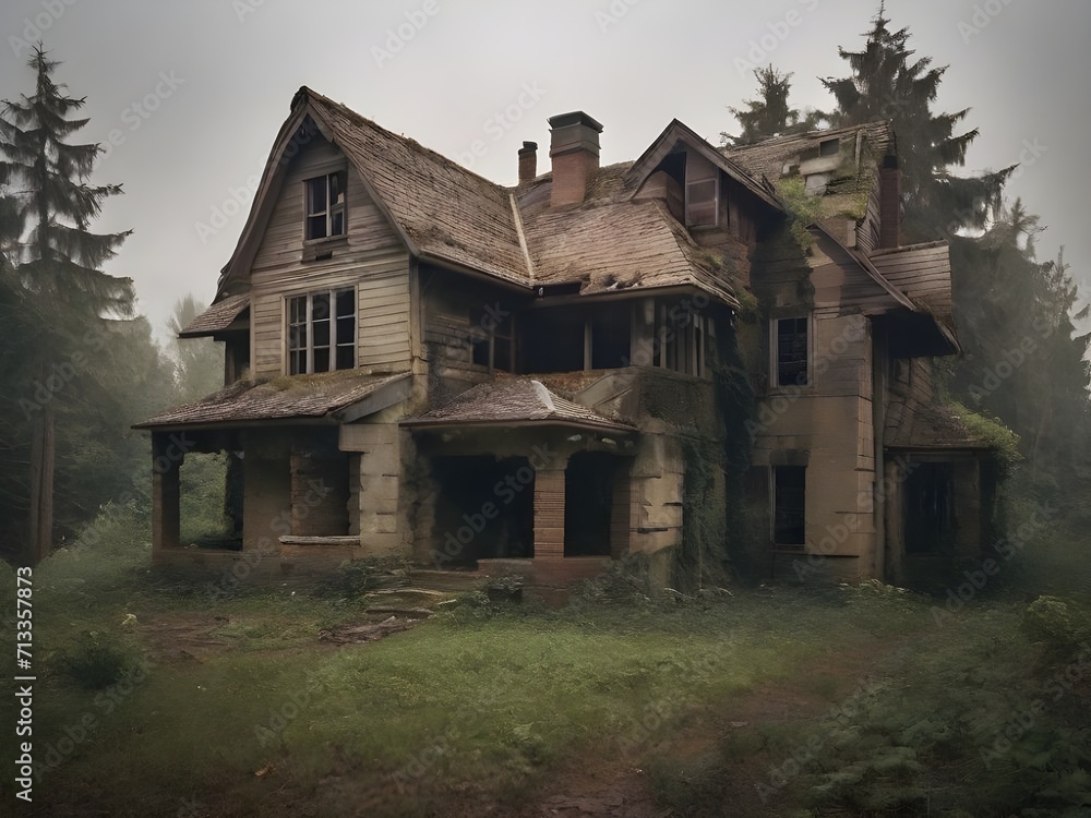 Abandoned house in the forest. Generative AI Abandoned house in the forest. Generative AI