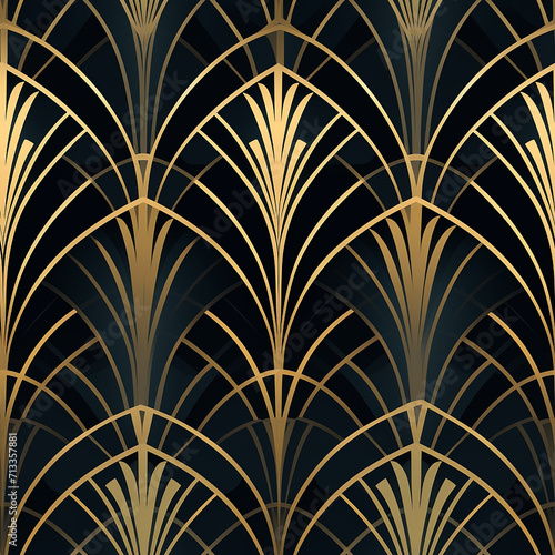 abstract geometric golden background. Art deco wedding, party pattern, geometric ornament, linear style with leaves. Horizontal orientation luxury