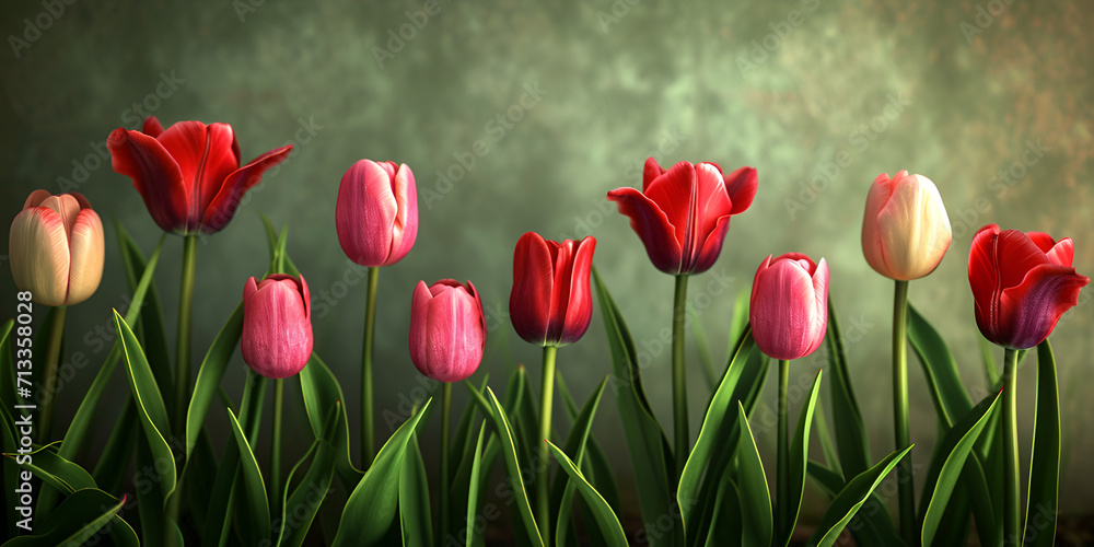Fototapeta premium Red tulips illuminated by the sun, a row of colorful tulips