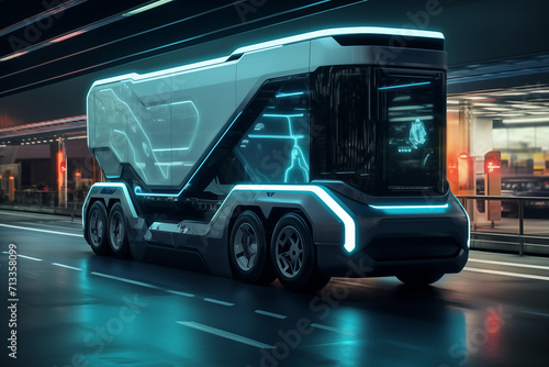 Self-driving futuristic bus for passenger transportation over night city. Generative AI