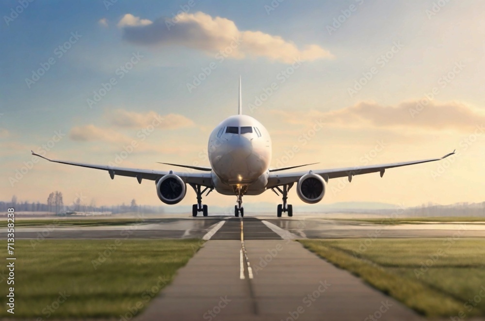 A passenger airplane taking off from an airport runway at spring morning A passenger airplane taking off from an airport runway at spring morning